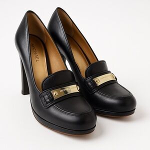 Michael Kors Black Leather Loafer Heels with Gold Hardware/size 6